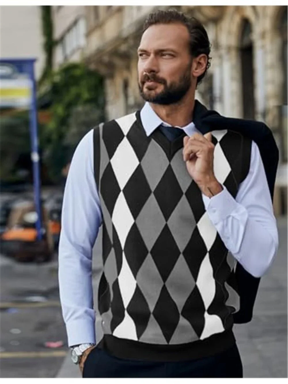 Men's Sleeveless V Neck Pullover Sweater Slim Fit Casual Argyle Vest